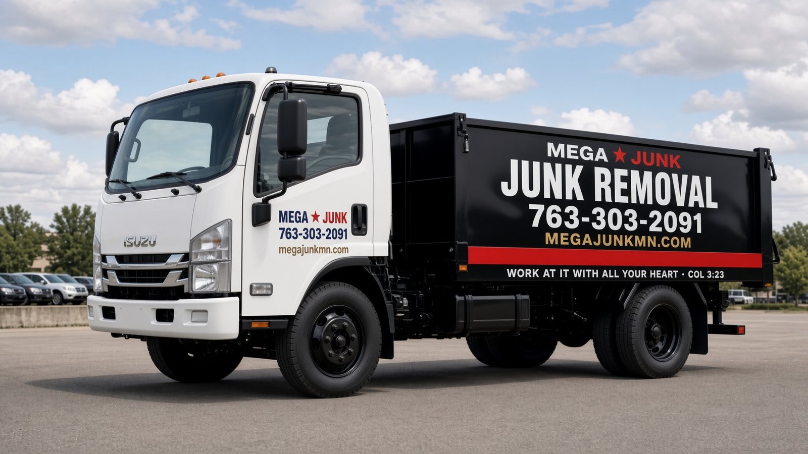 The MEGAJUNK truck — a white Isuzu with a black dump body lettered JUNK REMOVAL, 763-303-2091, megajunkmn.com